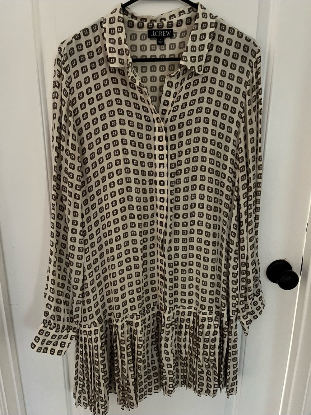 J. Crew Beige and Black Geometric Long-Sleeve Button-Front Dress